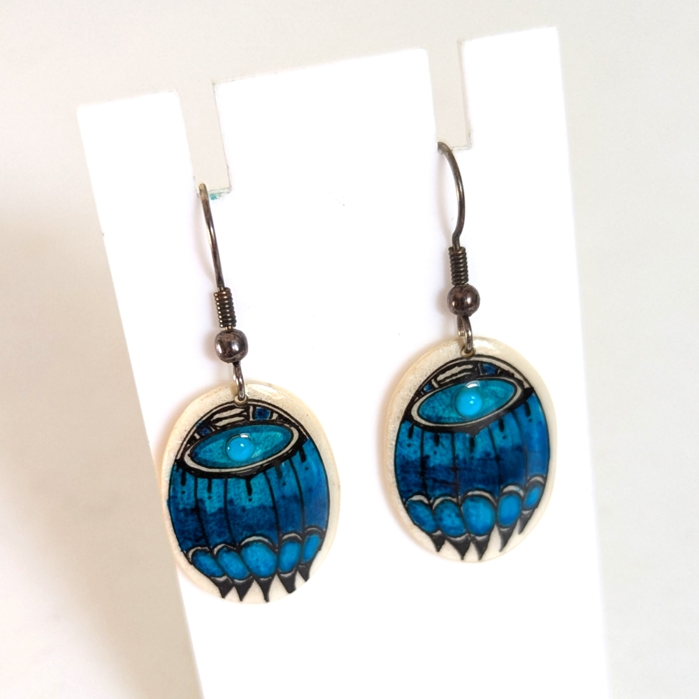 Artisan Native American Turquoise Bear Claw Oval Dangly Hook Earrings